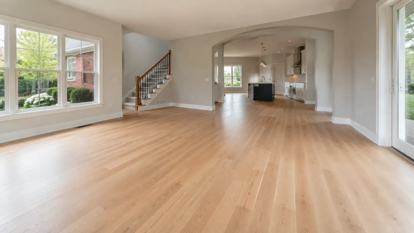 Light oak hardwood flooring through an open living area and staircase in Mason, OH