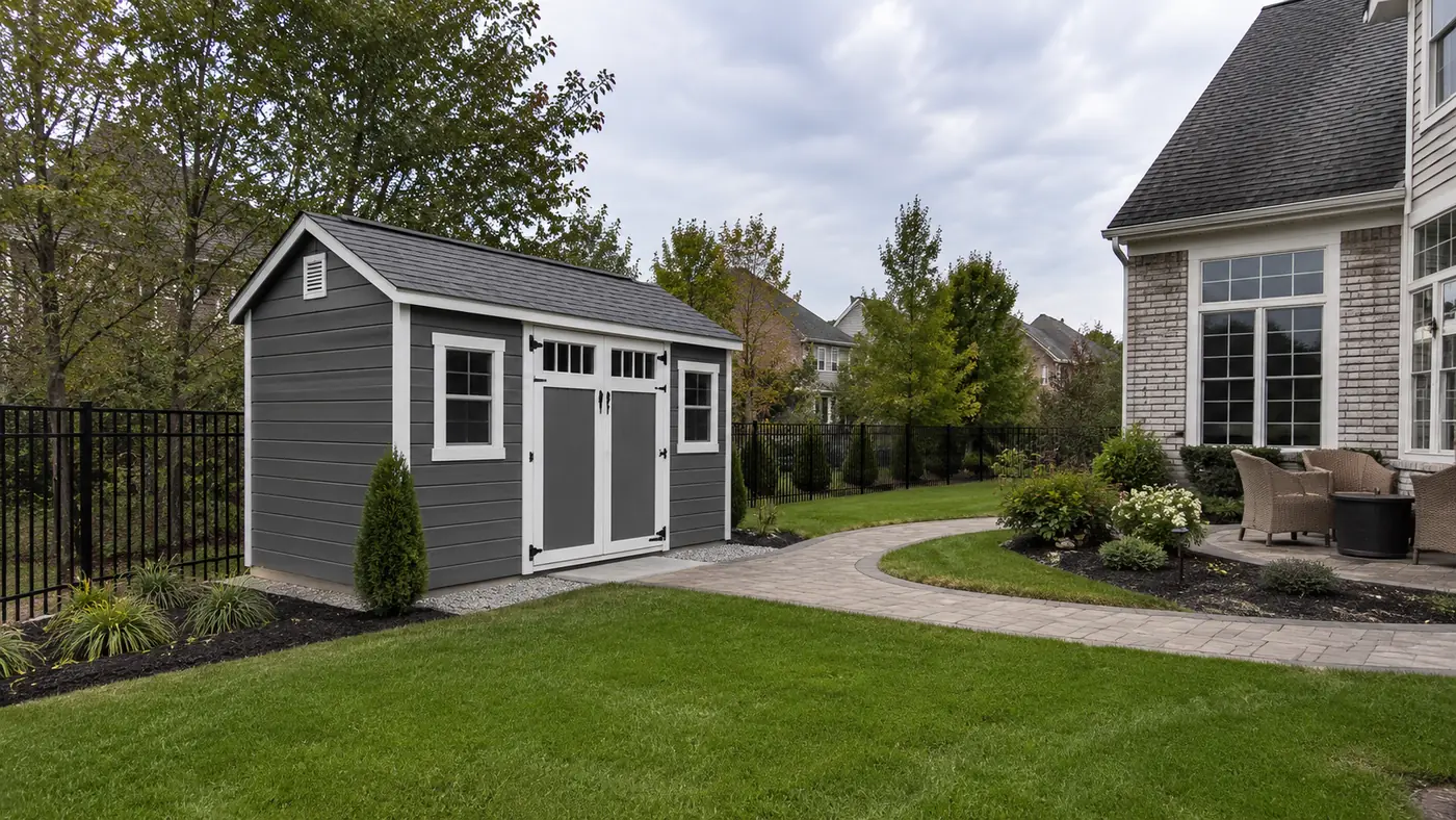 Long gray shed with windows and transom set near a paver patio in Mason, OH