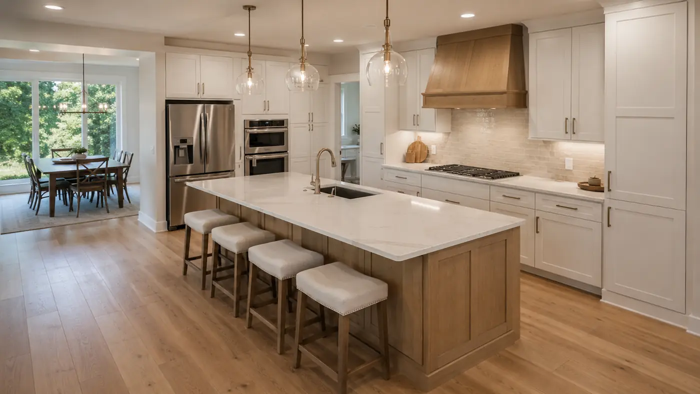 Long quartz island with brass range hood and full-height white cabinets in Mason, OH