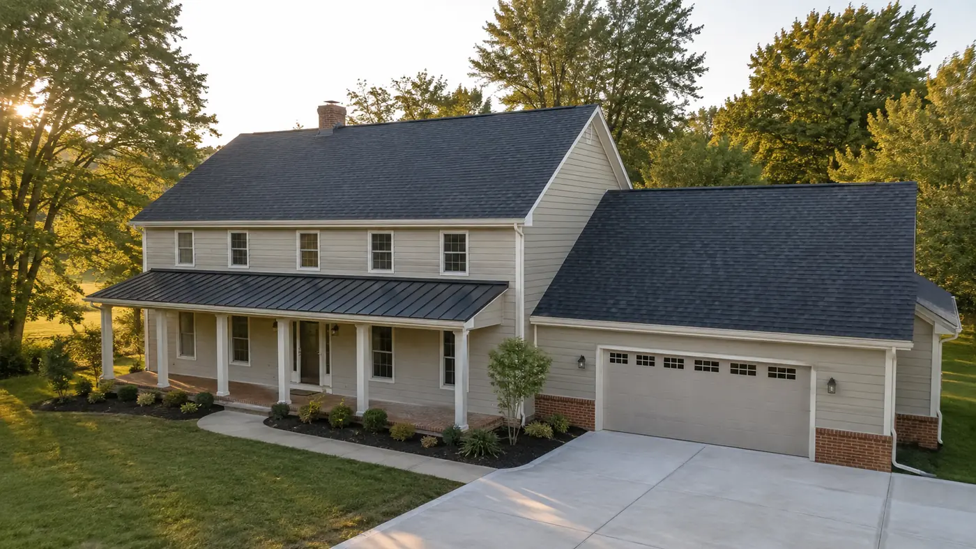 Two-story home with metal porch roof and shingle main roof in Mason, OH