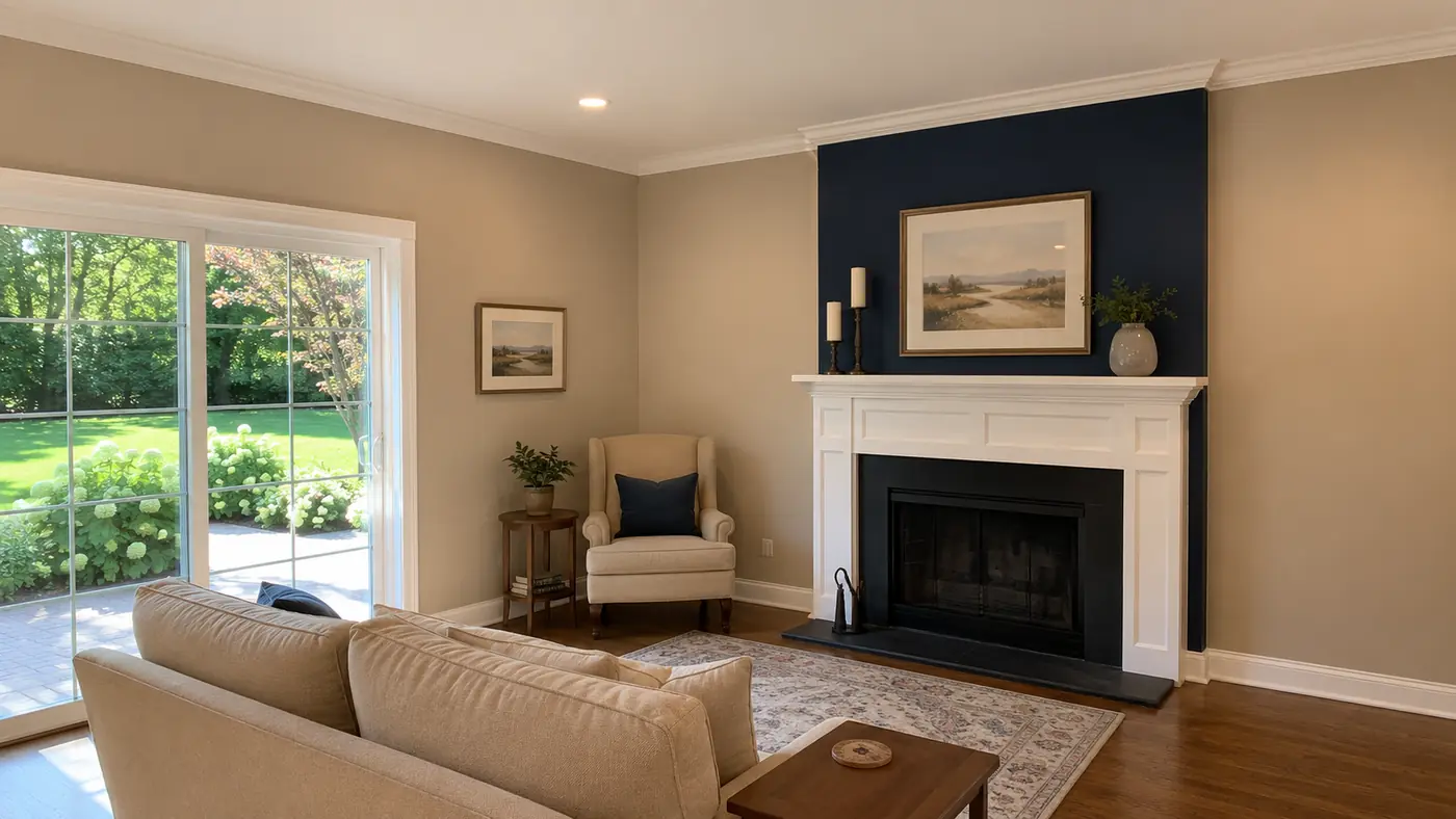 Navy accent wall above a white fireplace mantel painted in Mason, OH