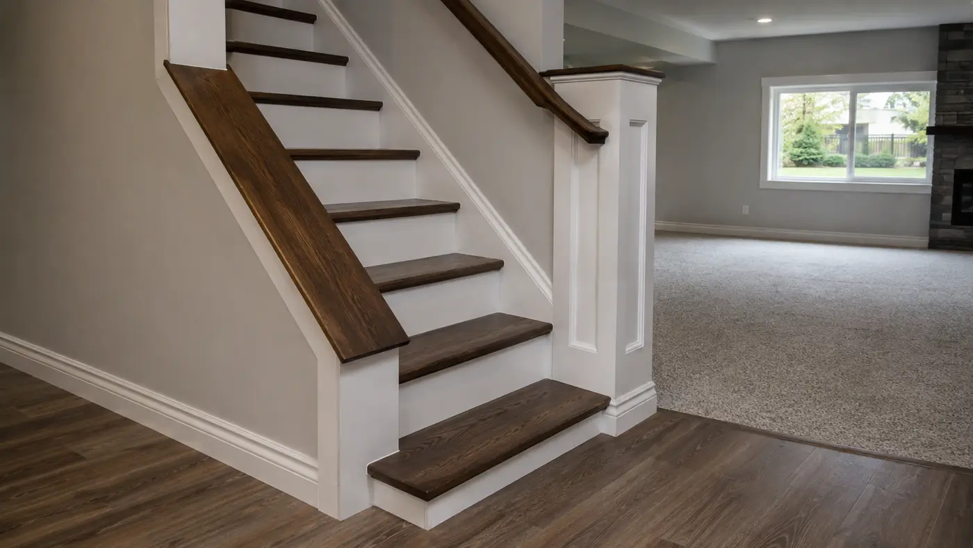 New oak staircase with white risers leading into a carpeted finished basement in Mason, OH