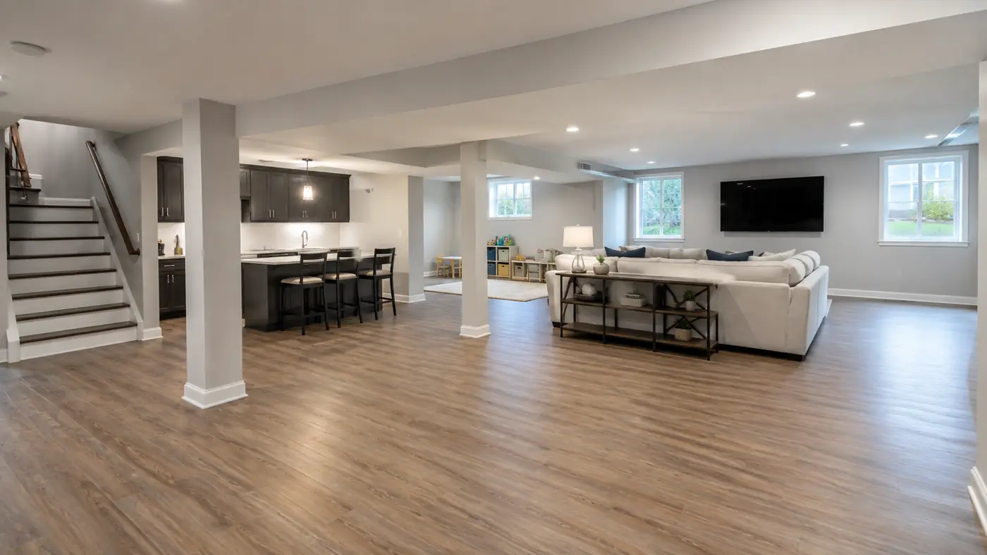 Open finished basement with kitchenette, island seating and plank flooring in Mason, OH