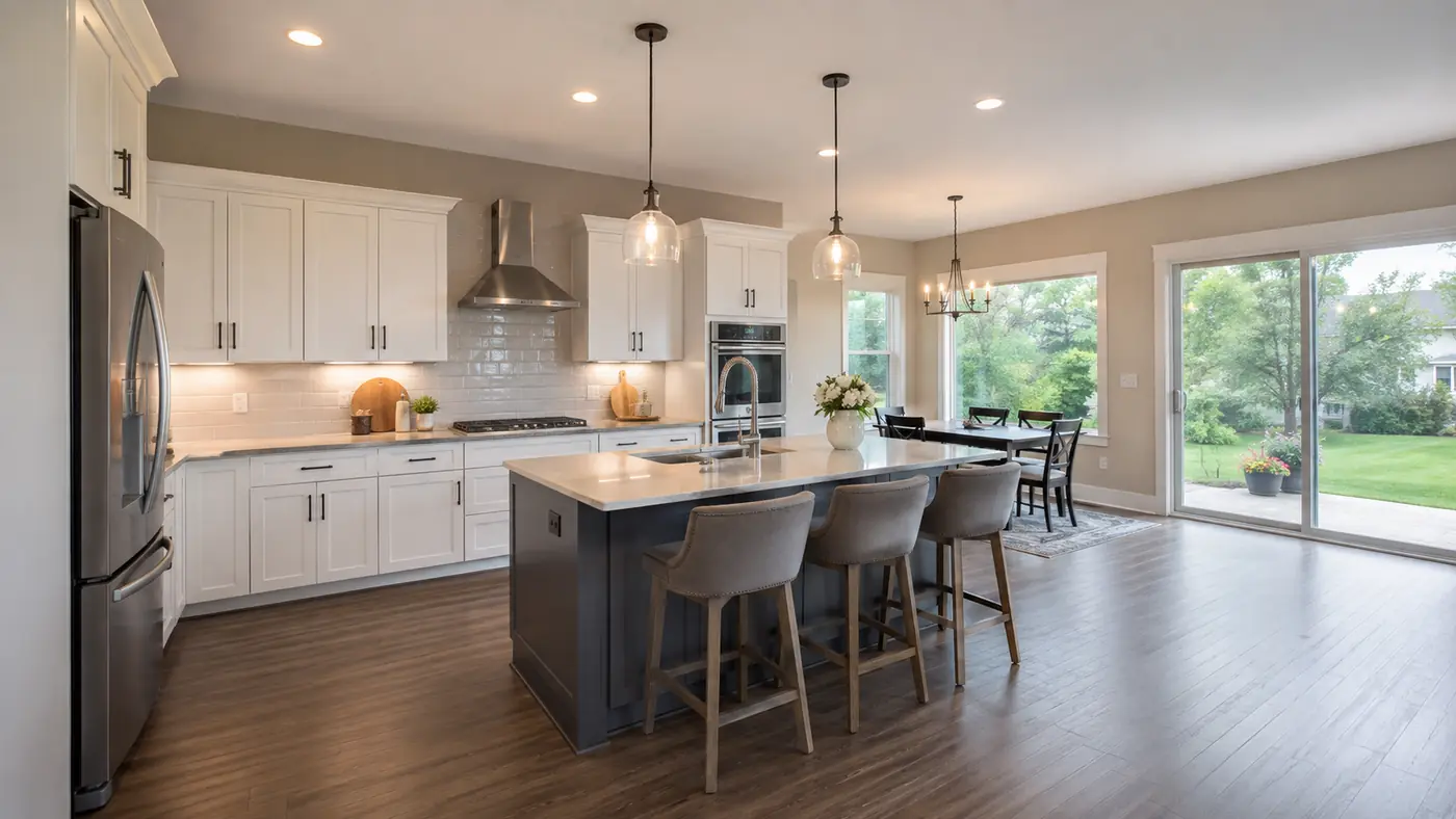 Open-concept white kitchen with dark island opening to a dining area in Mason, OH