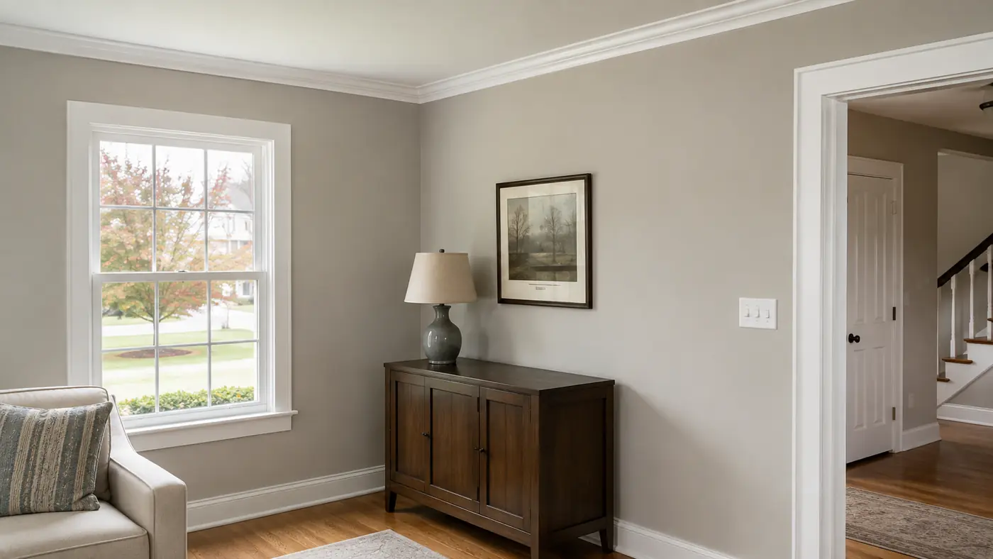 Bedroom painted warm gray with crisp white trim in Mason, OH