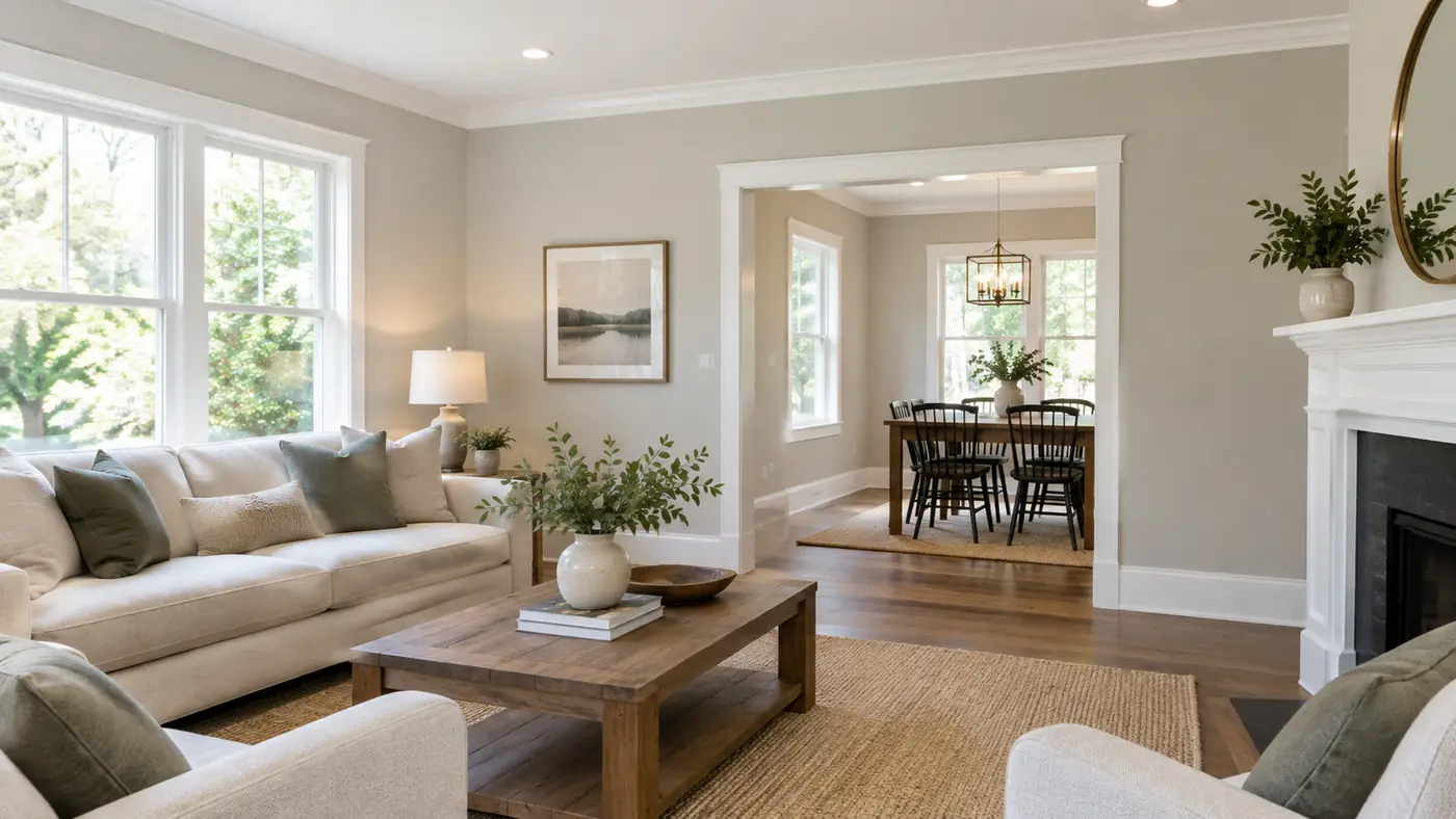 Living room with freshly painted greige walls and white trim in Mason, OH