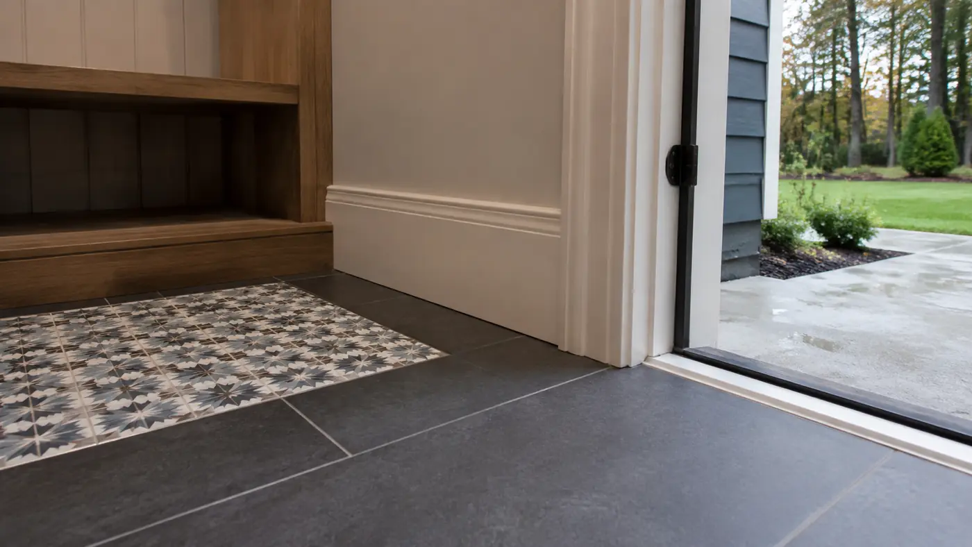 Patterned porcelain mudroom floor tile with built-in bench by the back door in Mason, OH