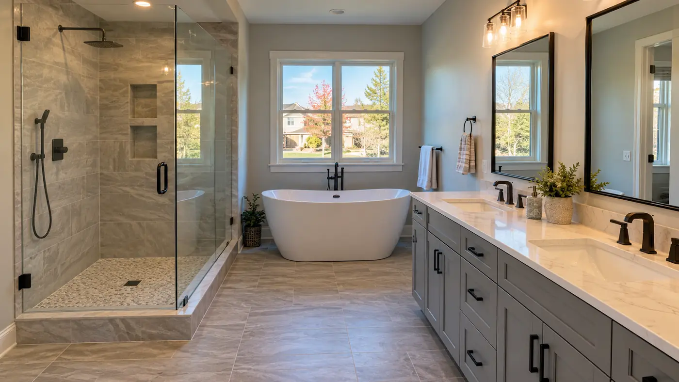 Primary bathroom with frameless glass shower, freestanding tub and gray double vanity in Mason, OH