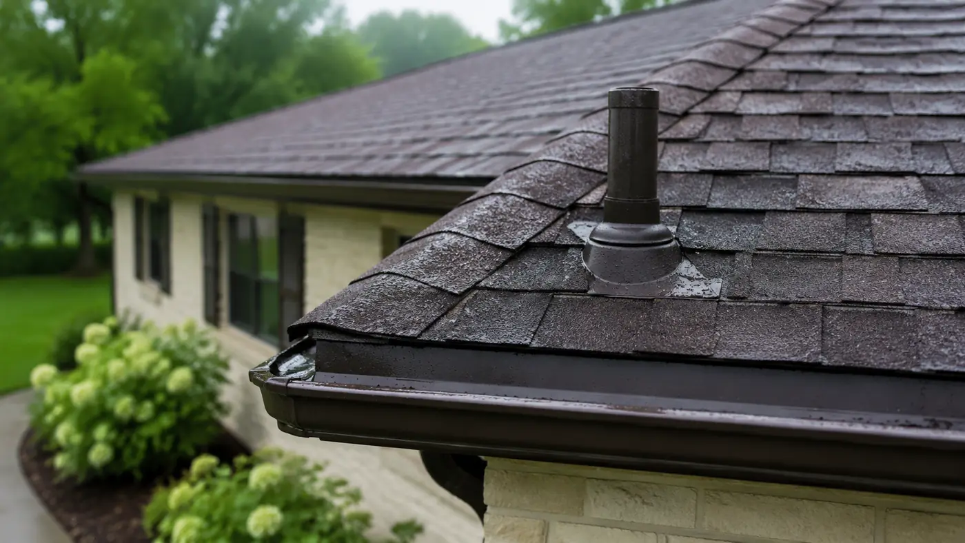 Roof edge detail with new drip edge, gutter and pipe boot on a Mason, OH home