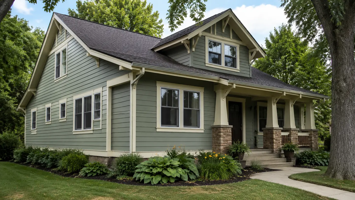 Craftsman bungalow with new sage green exterior paint in Mason, OH