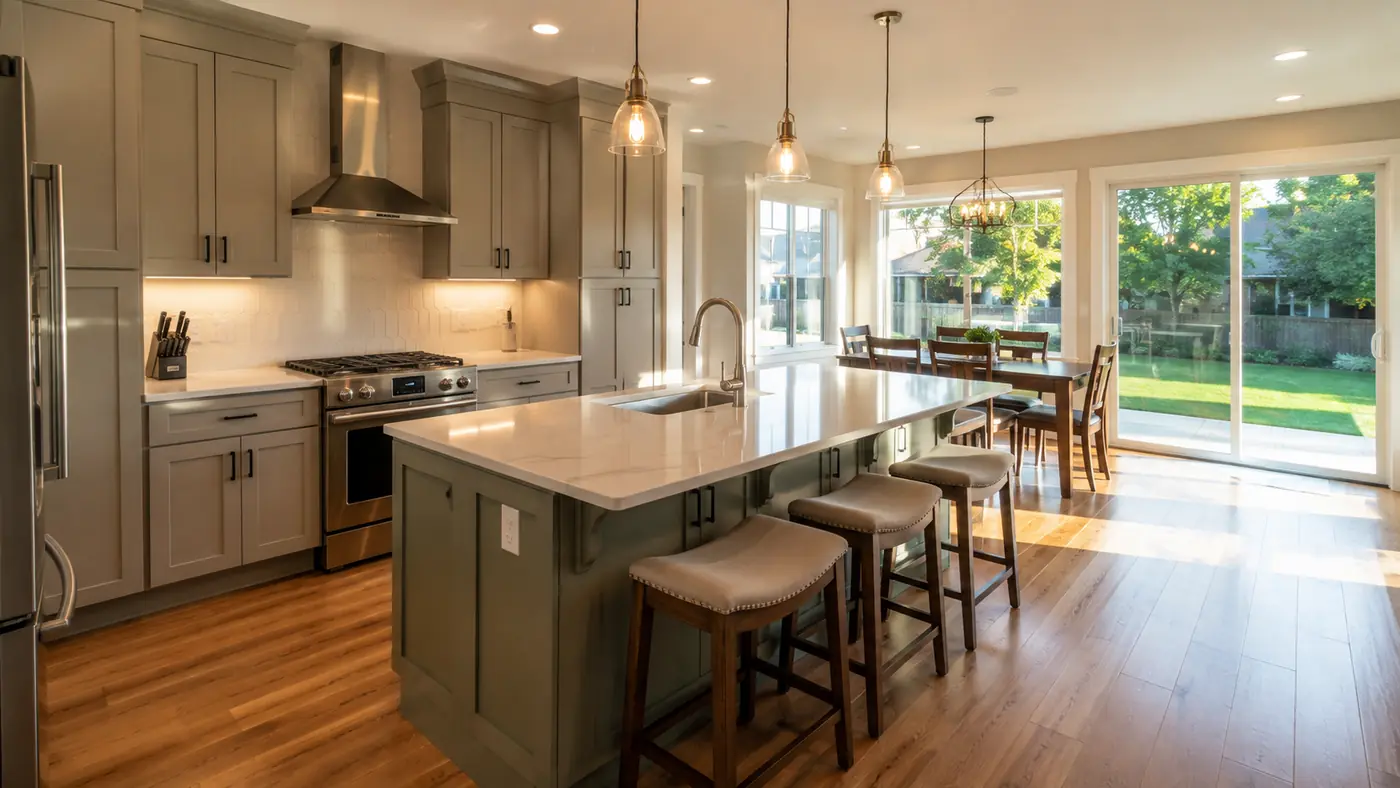 Sage green kitchen cabinets with island seating and glass pendants in Mason, OH