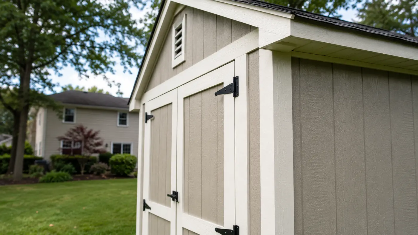 Shed siding, white trim and black hinge detail on an Epic Installers build in Mason, OH