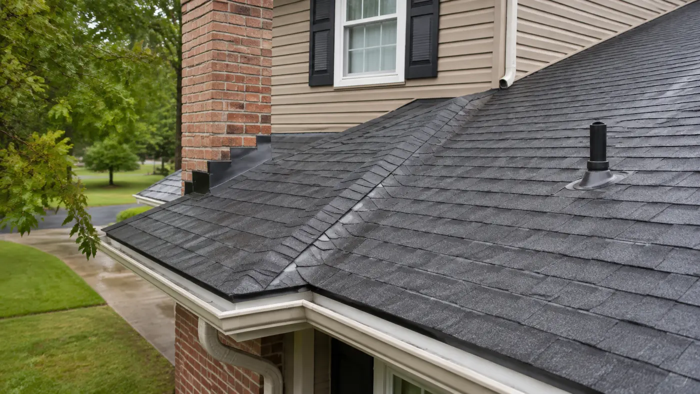 Shingle roof with new chimney flashing and pipe boot installed in Mason, OH