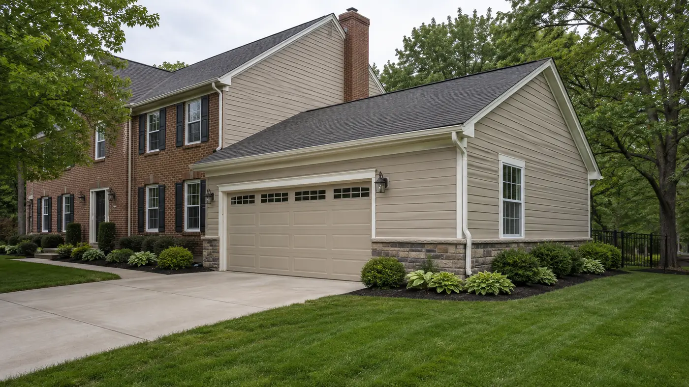 Side-entry garage addition matched to a brick two-story home in Mason, OH