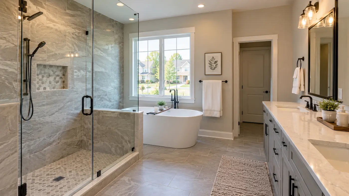 Spa-style bathroom with walk-in glass shower, freestanding tub and vanity lighting in Mason, OH