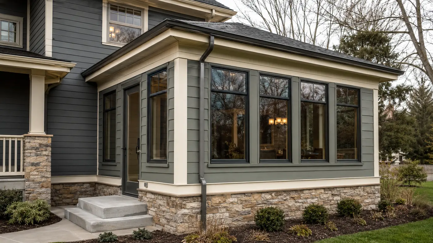 Sunroom addition with stone base, black windows and concrete steps in Mason, OH