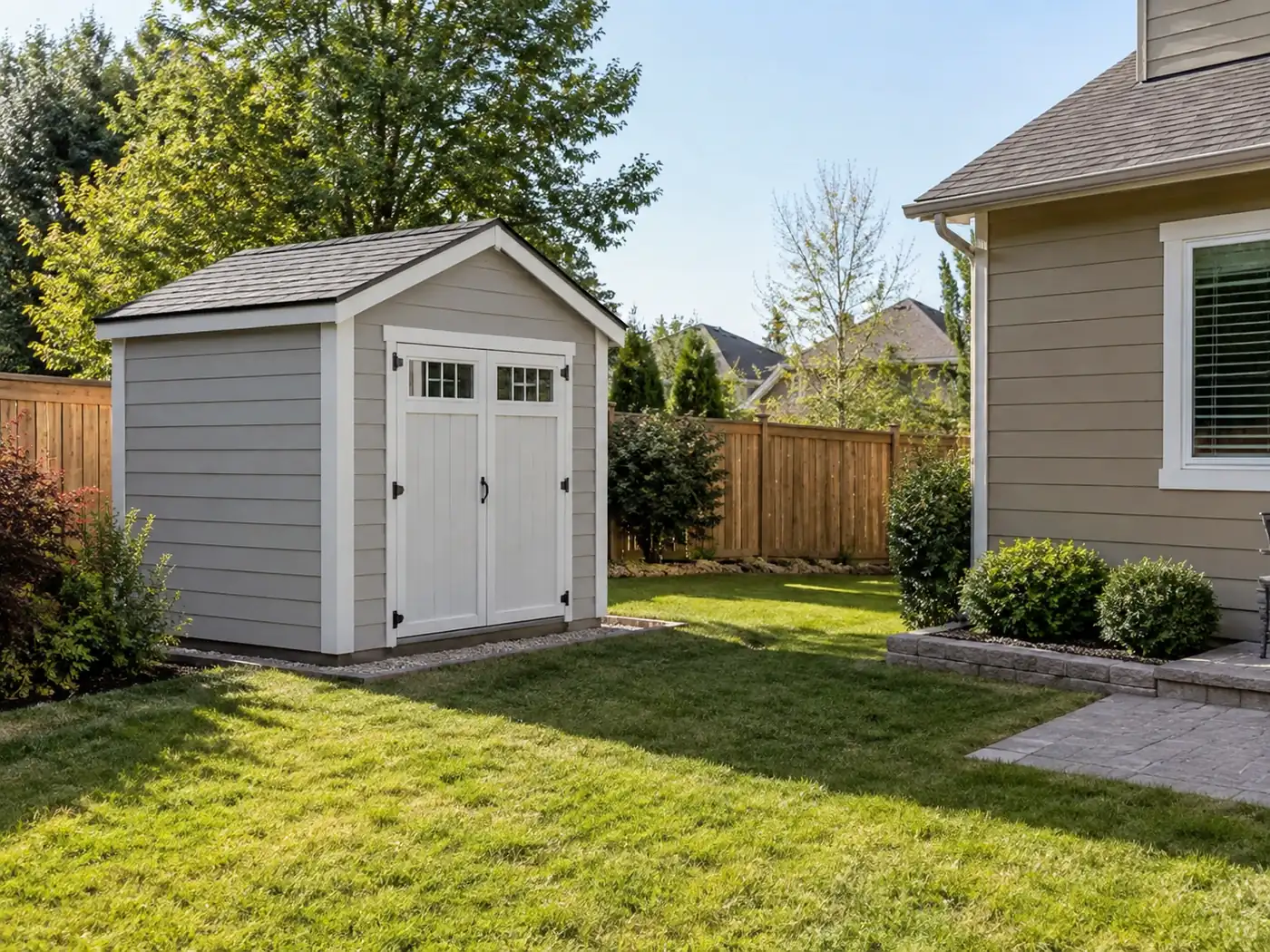 Storage shed with white double doors set on a level pad in Mason, OH