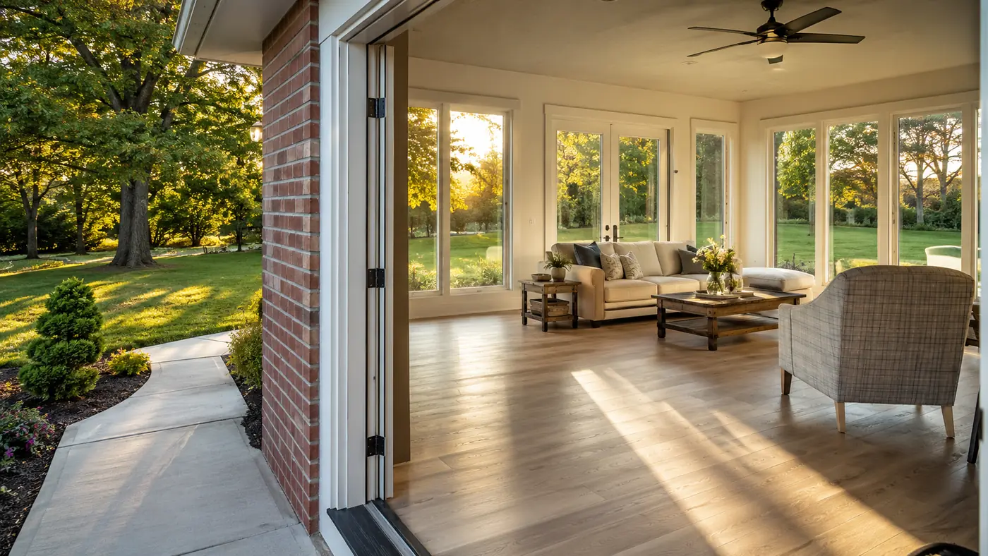 Plank flooring in a bright sunroom opening to a brick patio in Mason, OH