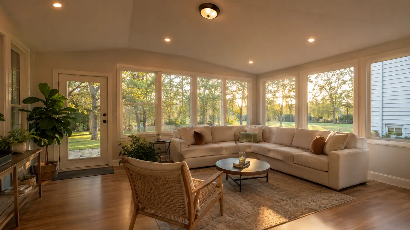 Recessed lighting in a sunroom with sectional at evening in Mason, OH