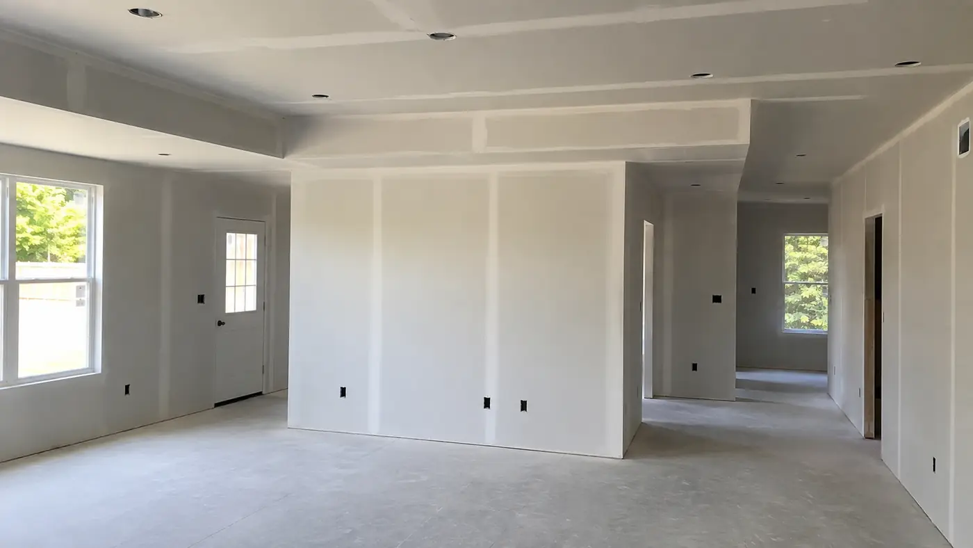 Taped and mudded drywall walls and ceiling in a framed room with partition in Mason, OH