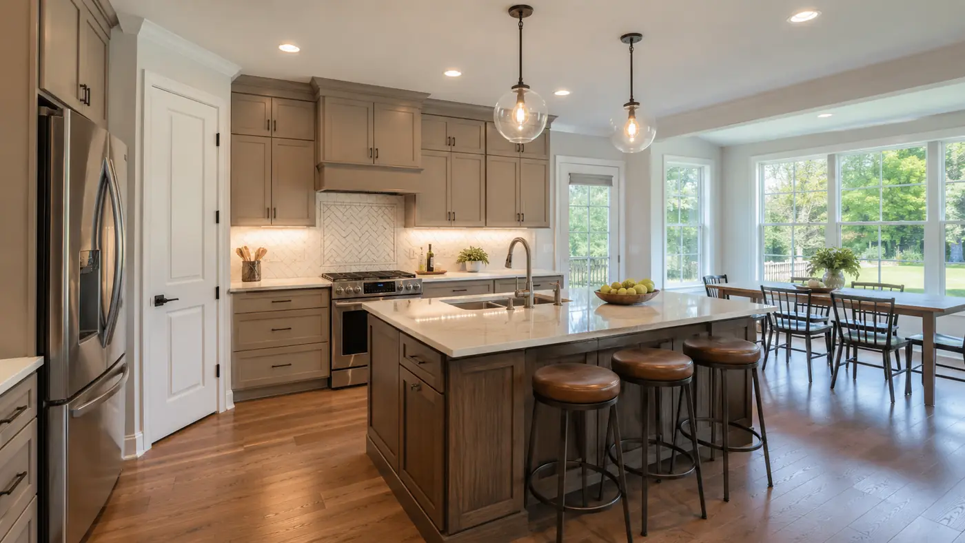 Taupe cabinet kitchen with quartz island and leather stools built by Epic Installers in Mason, OH