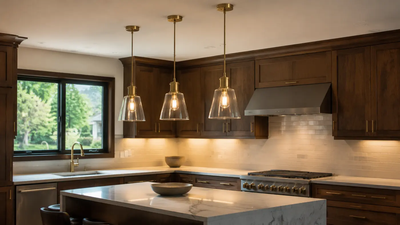 Three glass pendant lights over an island in a dark-cabinet kitchen in Mason, OH