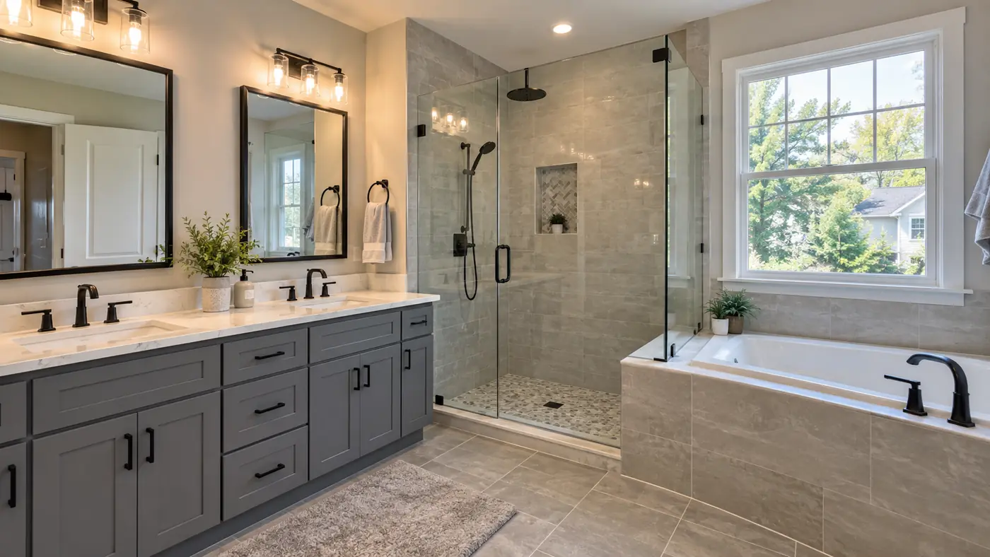 Bathroom with gray vanity, glass shower and tiled drop-in tub under a window in Mason, OH