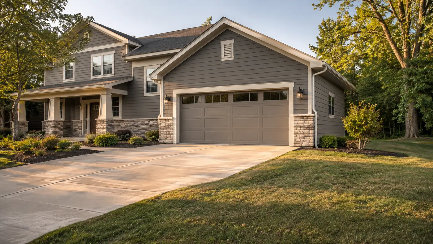 Two-car garage addition with craftsman columns and stone piers in Mason, OH