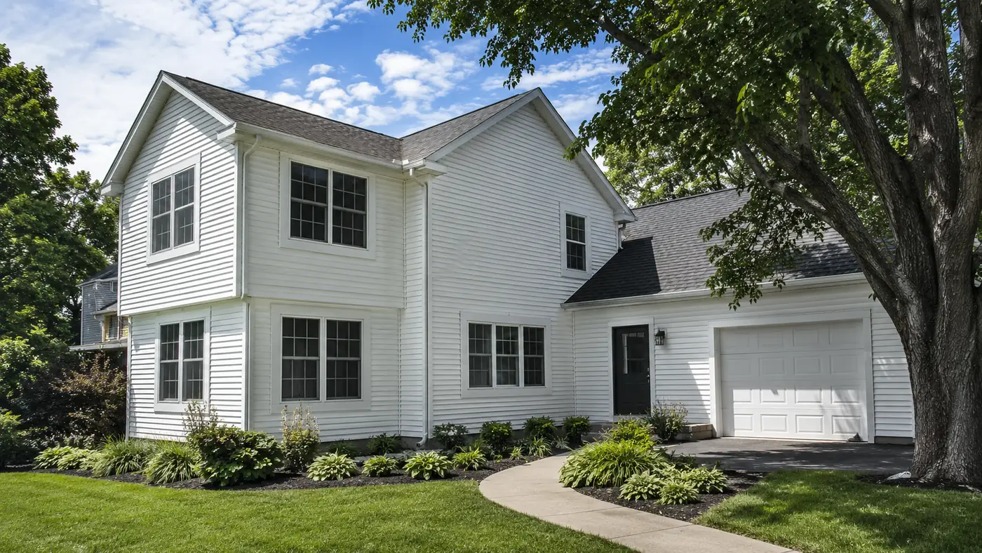 Two-story home addition with white siding tied into an existing home in Mason, OH