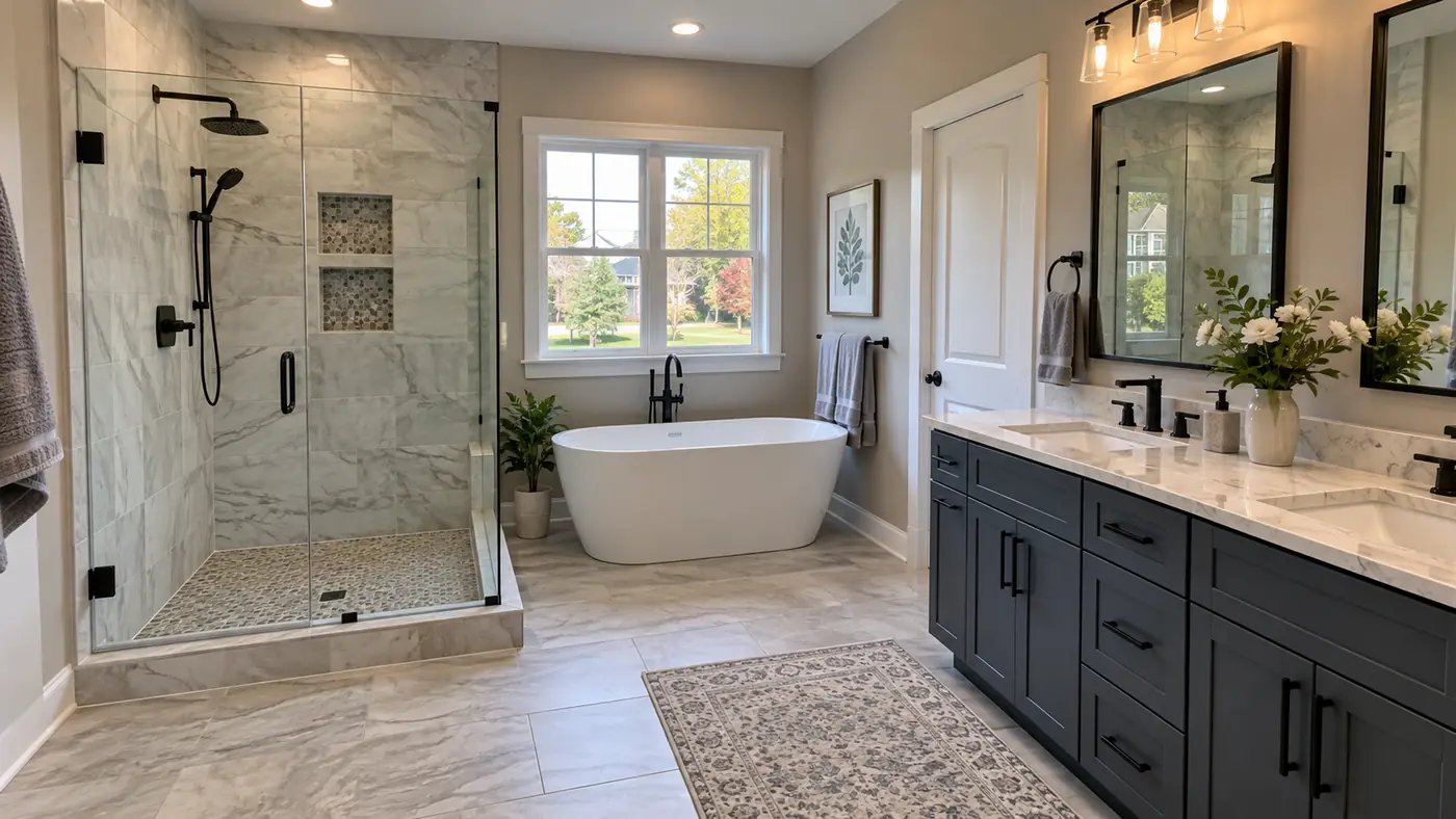 Walk-in shower with tiled niche, matte black fixtures and soaking tub in Mason, OH
