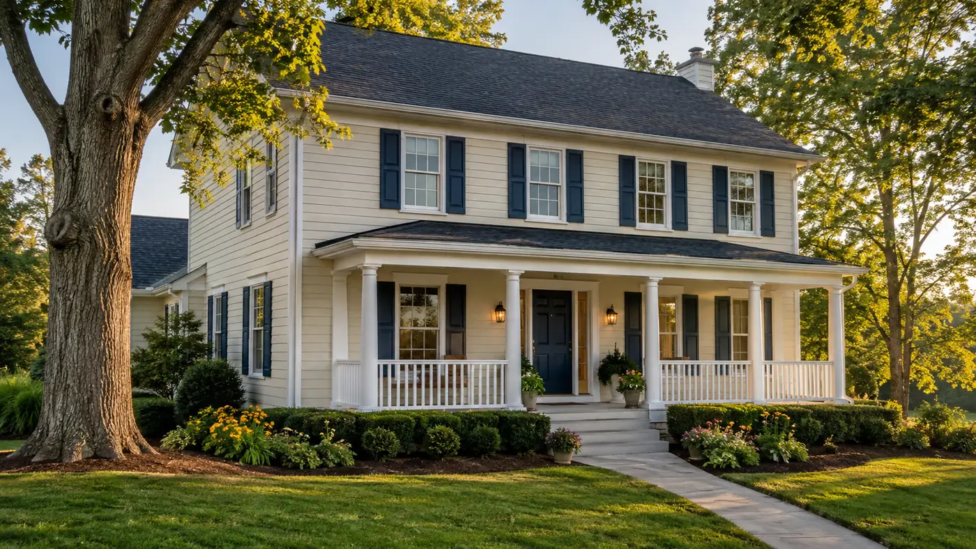 White colonial with freshly painted siding, black shutters and front porch in Mason, OH