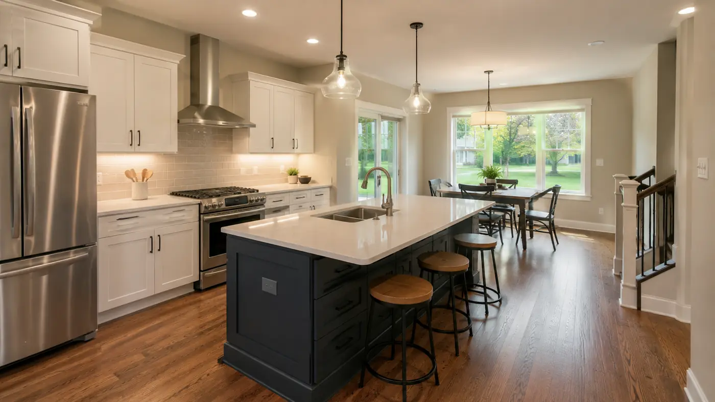 White kitchen with charcoal island and stainless appliances on hardwood floors in Mason, OH