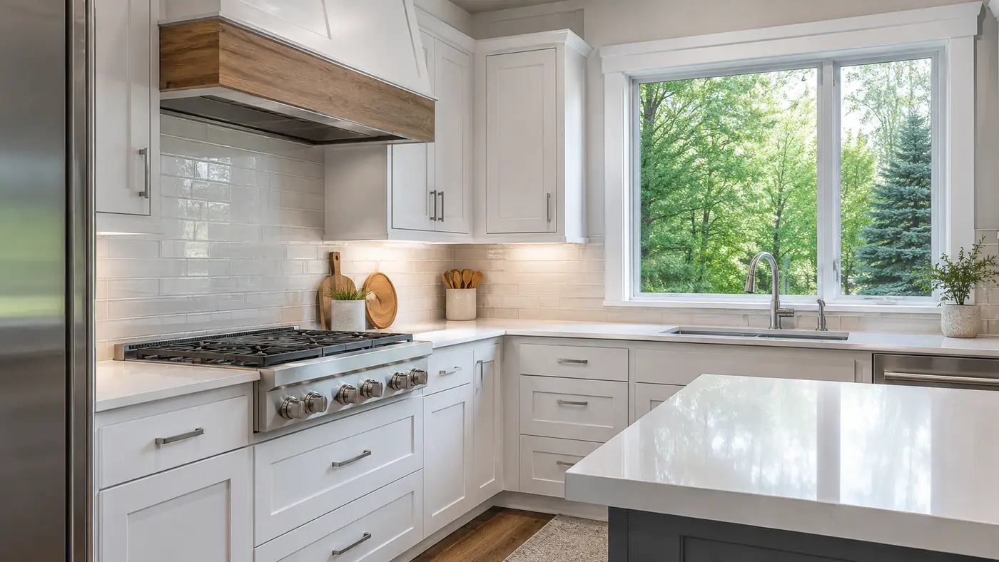 White kitchen with gas range, wood range hood and quartz counters in Mason, OH
