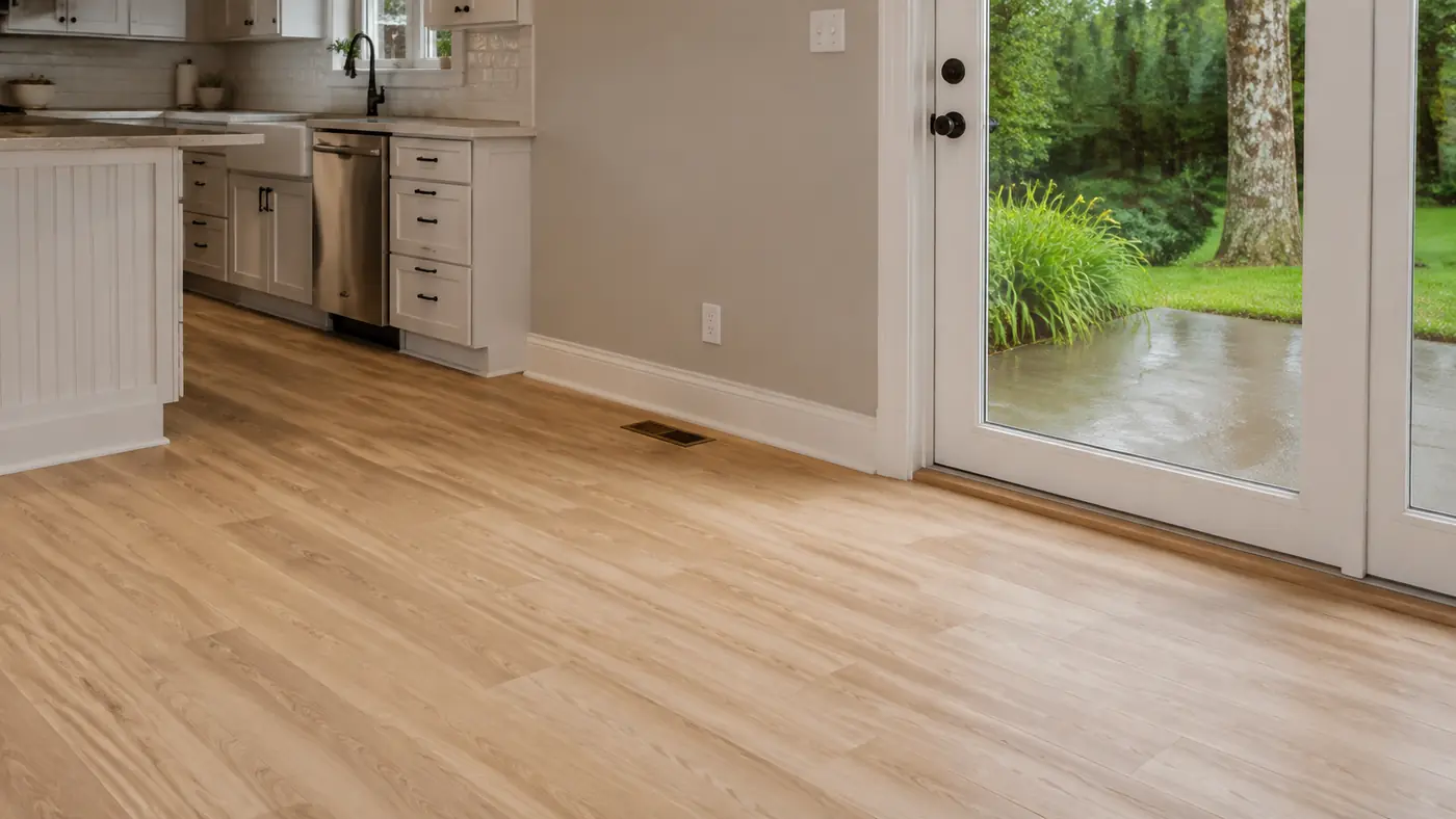 White oak plank flooring running from a kitchen to a patio door in Mason, OH
