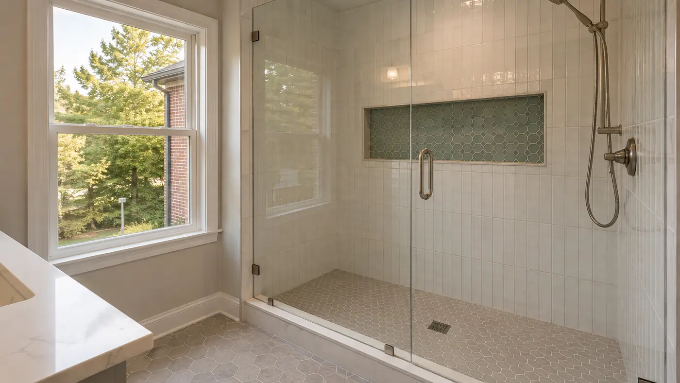 White tile shower with teal mosaic niche and frameless glass door in Mason, OH