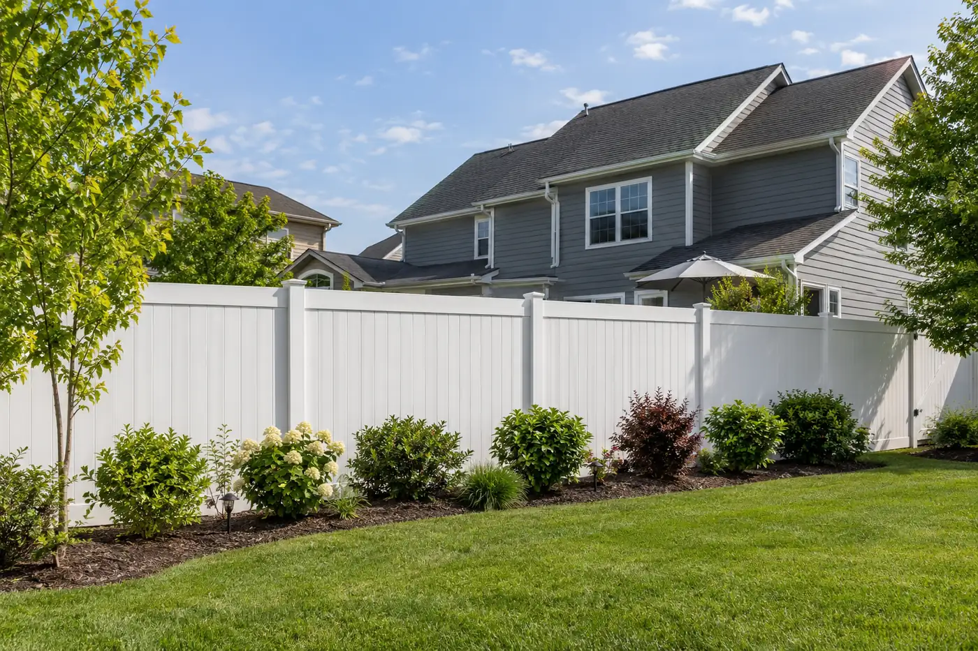 Tall white vinyl privacy fence lining a backyard lawn in Mason, OH