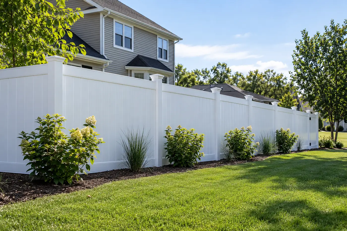 White vinyl privacy fence with hydrangea plantings in a Mason, OH backyard