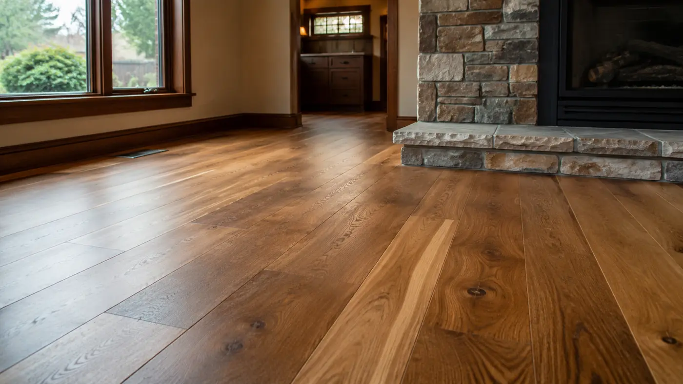 Wide-plank hardwood flooring beside a stone fireplace hearth in Mason, OH